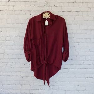 NWT Burgundy Front-Tie Button Down Blouse